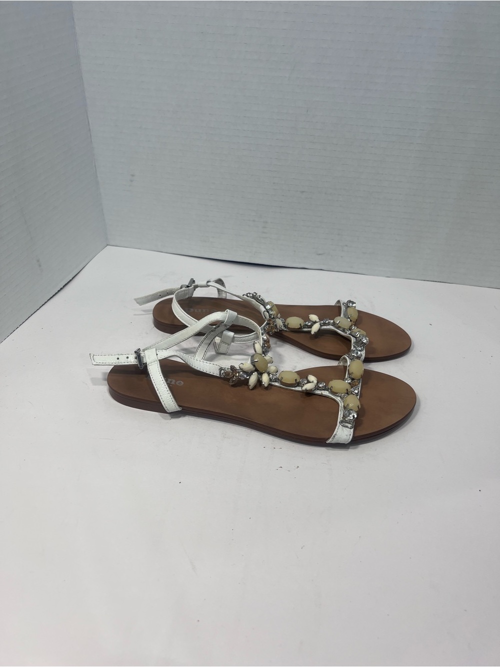 Dune London White Jeweled T-Strap Sandals